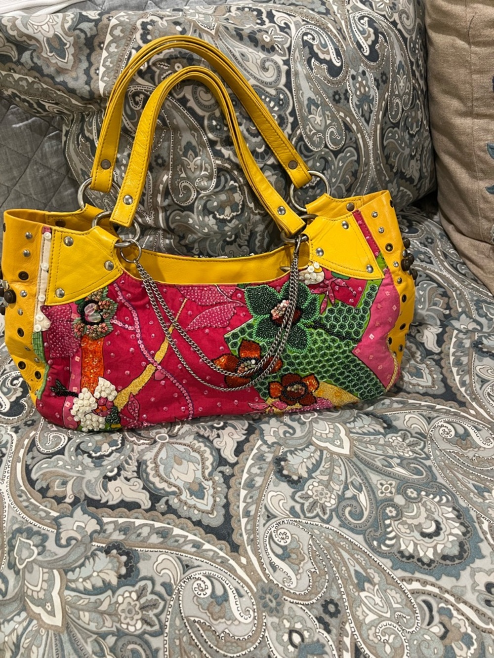 Mary Frances Golden/Yellow and Pink Floral Embellished Shoulder Bag